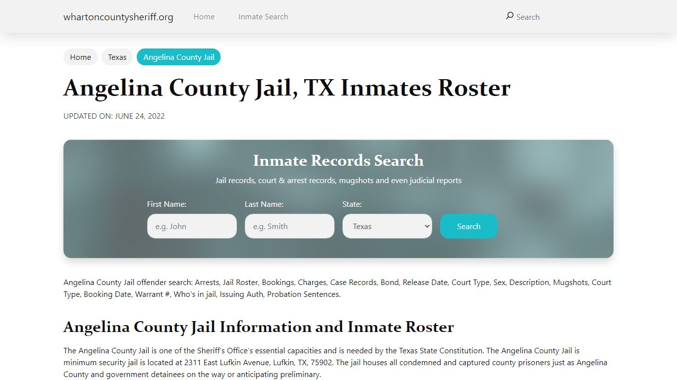 Angelina County Jail, TX Jail Roster, Name Search